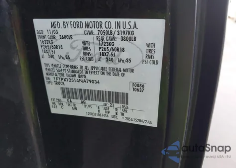 2004 Ford F-150 Lariat/Xl/Xlt z USA, uszkodzony, nr VIN 1FTPX12514NA79034